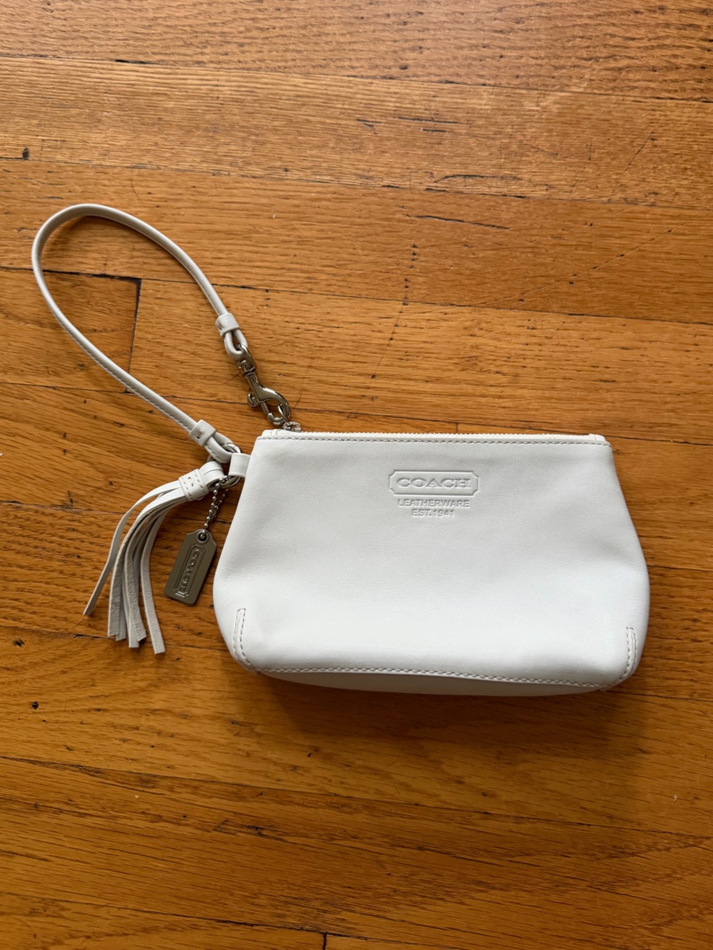 Coach White Leather Wristlet with Tassel Charm